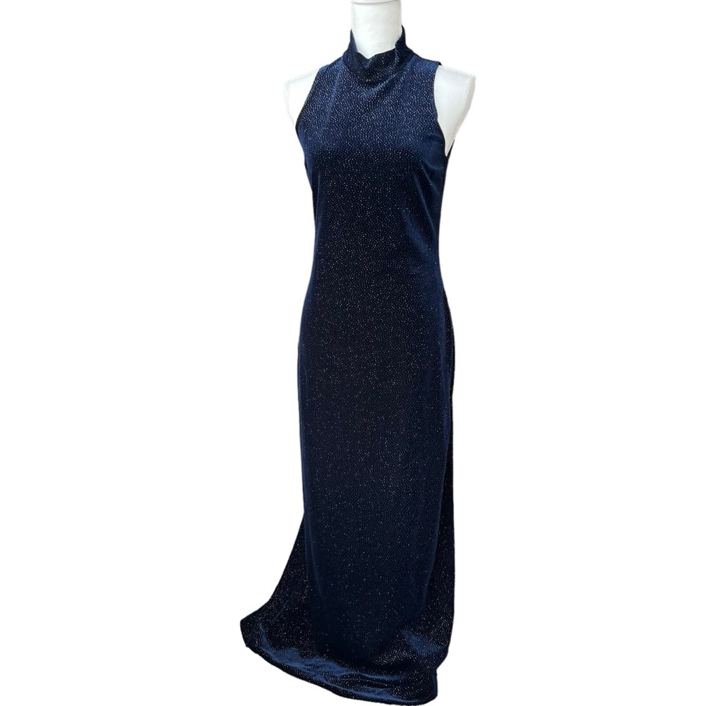 VTG 90s Maurice’s Midnight blue silver shiny maxi formal dress velour junior 9